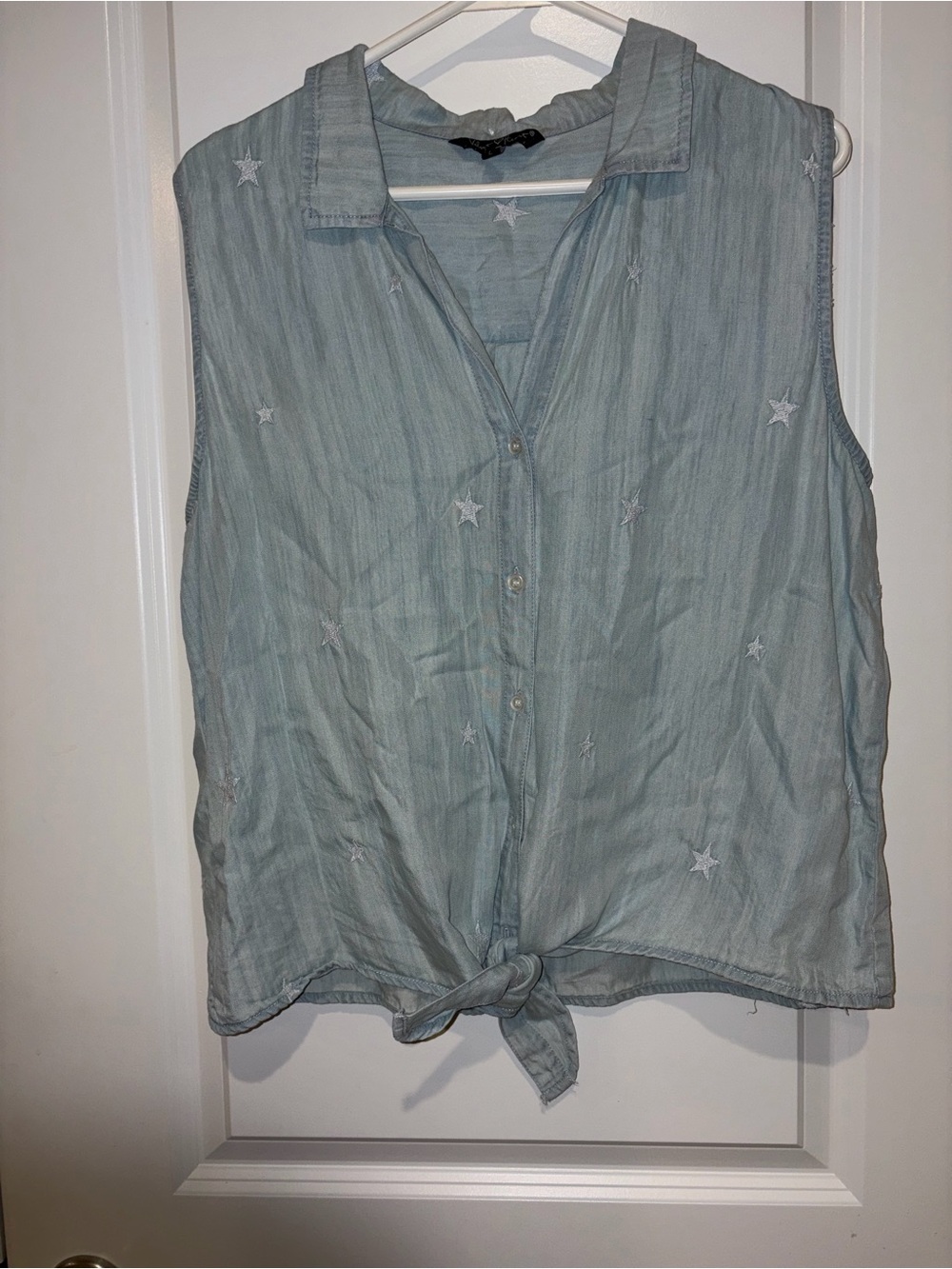 Velvet Heart Light Blue Star-Embroidered Tie-Front Button Down Top - Picture 2 of 5